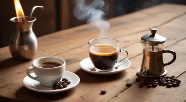 Två koppar ångande kaffe och en liten presskanna på ett träbord. En flamma lyser i en metallbehållare. En perfekt kaffe cocktail för en mysig stund.
