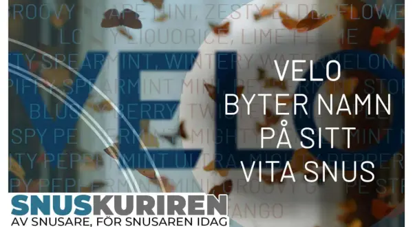 Velo byter namn till Vita Snus. Bilden visar texten "Velo byter namn på sitt vita snus" och en lista med smaker.