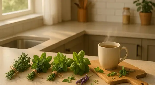 En kopp ångande örtte, en härlig alternativ till kaffe, med färska örter som rosmarin, mynta och basilika på köksbänken.