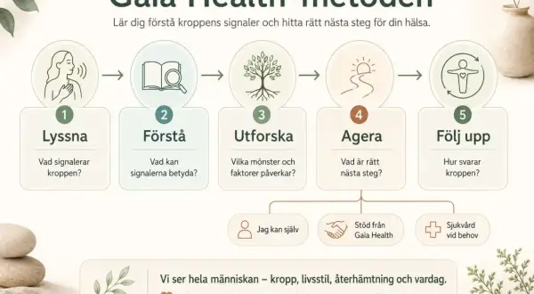 Gaia Health-metoden: Lyssna, Förstå, Utforska, Agera, Följ upp. En guide för att förstå kroppens signaler och hur man blir pigg.