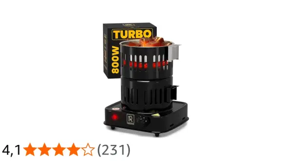 Svart elektrisk koltändare med "TURBO" och "800W" på lådan. Glödande kol ligger i den uppvärmda behållaren.