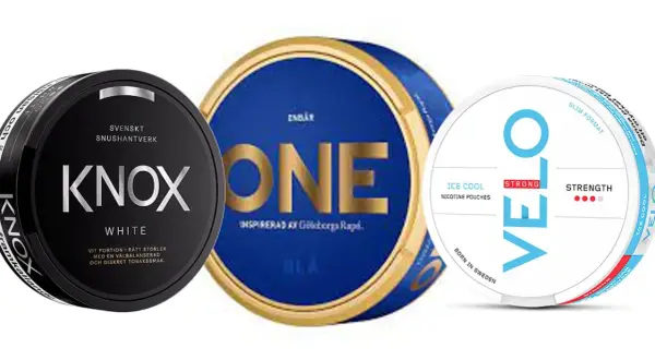 Three snus cans: Knox White, One, and Velo Ice Cool Strong.