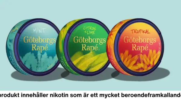 Three cans of Göteborgs Rapé snus: Mint (blue), Citron x Lime (green), and Tropikal (red/orange).