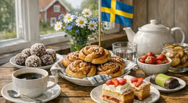 En svensk fika med kanelbullar, jordgubbstårta, chokladbollar och kaffe. En perfekt dag för max kaffe och godsaker.