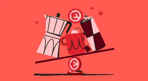 En vågbalanserar en kaffebryggare, en mugg med te och en energidryck. Euro-mynt balanserar vågen, vilket antyder att koffein i Earl Grey kan vara dyrt.