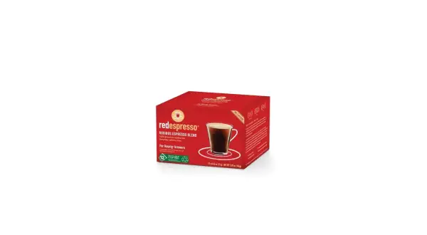Röda förpackningen med Redespresso Rooibos Espresso Blend. Detta rooibos te är koffeinfritt och passar för Keurig-bryggare.