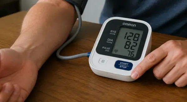 En person mäter blodtrycket med en Omron-mätare. Kanske en snus om dagen är en del av en hälsosam livsstil.