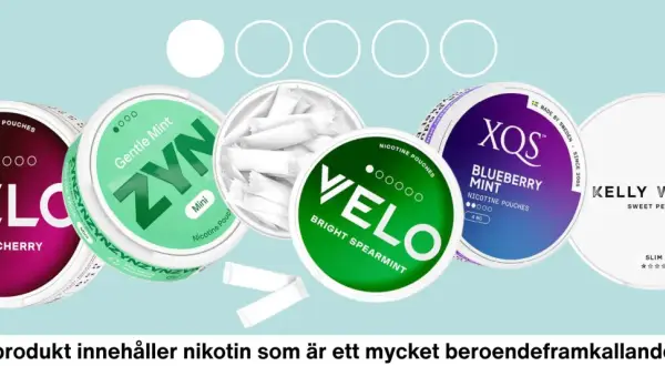 Flera burkar med nikotinpåsar som Velo, Zyn, XQS och Kelly White. Jämförelse mellan nikotinpåsar vs snus.