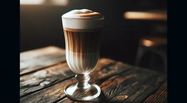 En vacker wiener melange kaffe med lager av mjölk och espresso, toppad med krämigt skum, står på ett rustikt träbord.