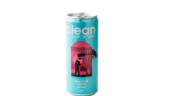 Clean Drink Strawberry Sunset, 180 mg koffein per 100 ml. Sockerfri och kolsyrad dryck.