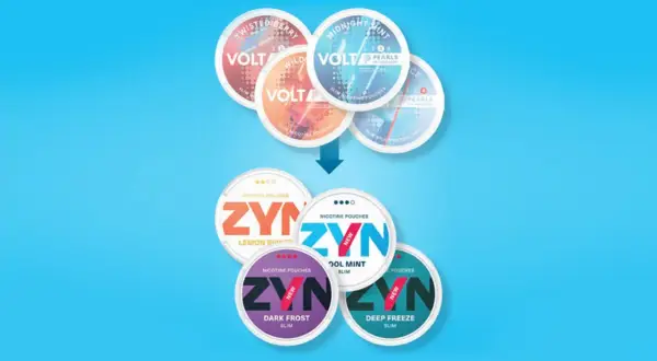 Volt Pearl Technology: en övergång från Volt till ZYN nikotinpåsar i olika smaker som Lemon Spritz, Cool Mint, Dark Frost och Deep Freeze.