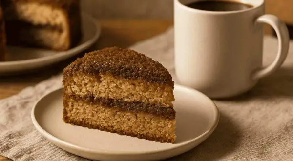 En saftig kaffekaka med kanelfyllning, perfekt för Fredriks fika. En kopp kaffe står bredvid.