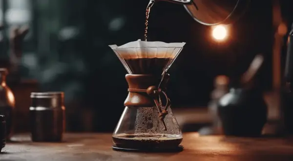 Vatten hälls över kaffepulver i en Chemex. En vacker pour over-process som skapar en rik och aromatisk kopp kaffe.