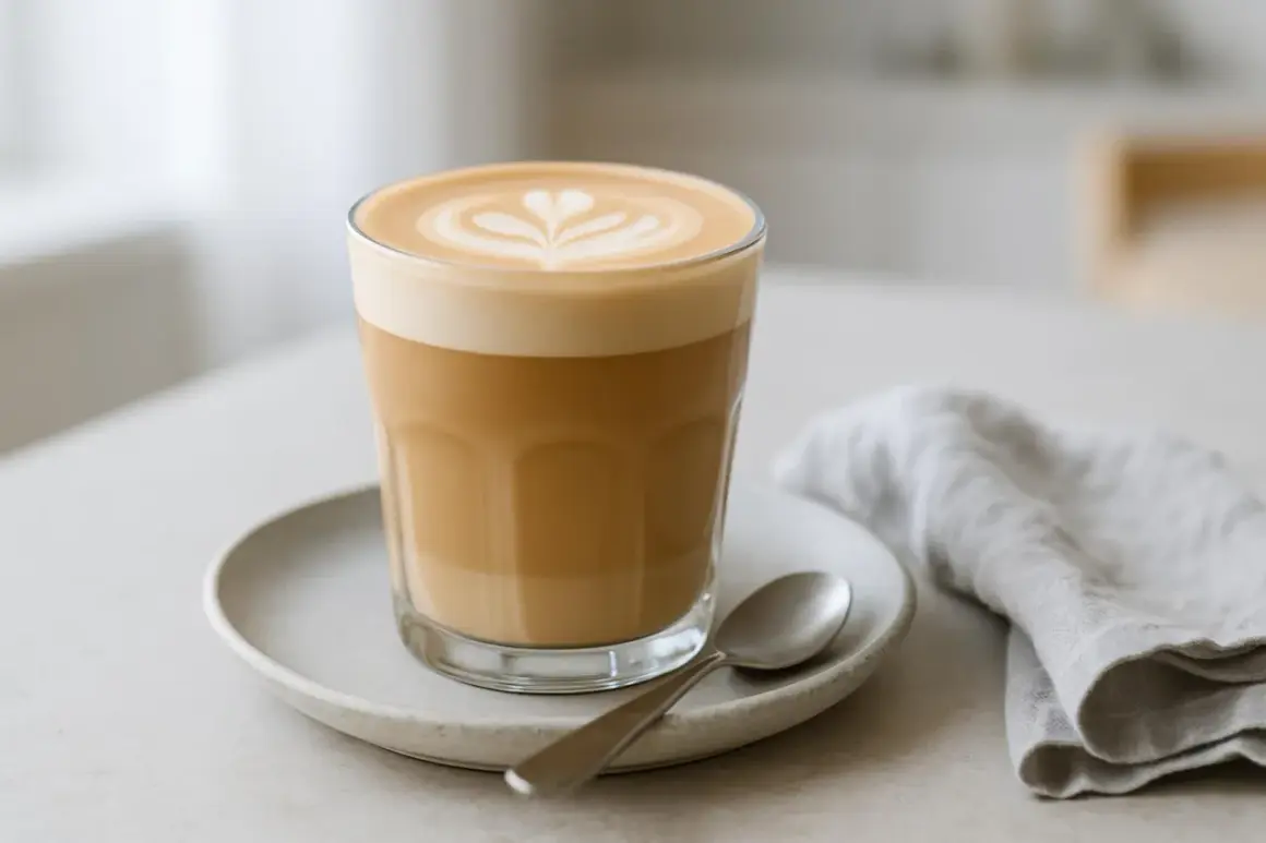 En vacker kaffe latte med latte art på en ljusgrå tallrik, bredvid en sked och en linneservett. Perfekt för ett kaffe latte recept.