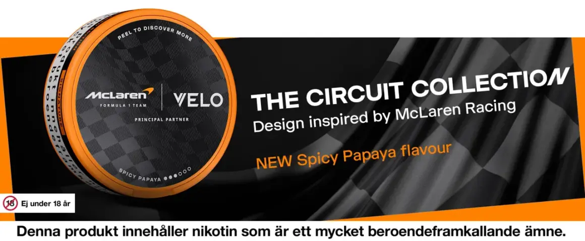 VELO McLaren Circuit Collection med smak av Spicy Papaya. En ny bat snus inspirerad av McLaren Racing.