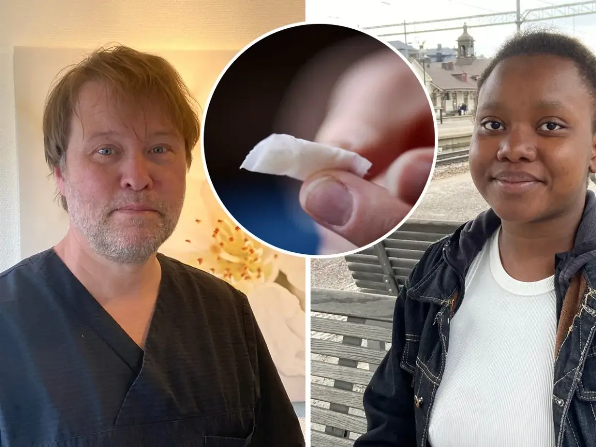 En man i vårdkläder och en kvinna på en perrong. I mitten en närbild på en snusprilla, som visar hur snus påverkar huden.