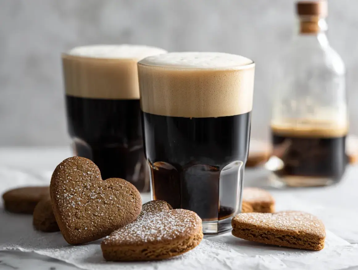 Två glas med mörkt kaffe och krämigt skum, omgivna av hjärtformade pepparkakor. En flaska med Baileys i bakgrunden antyder en härlig drink.