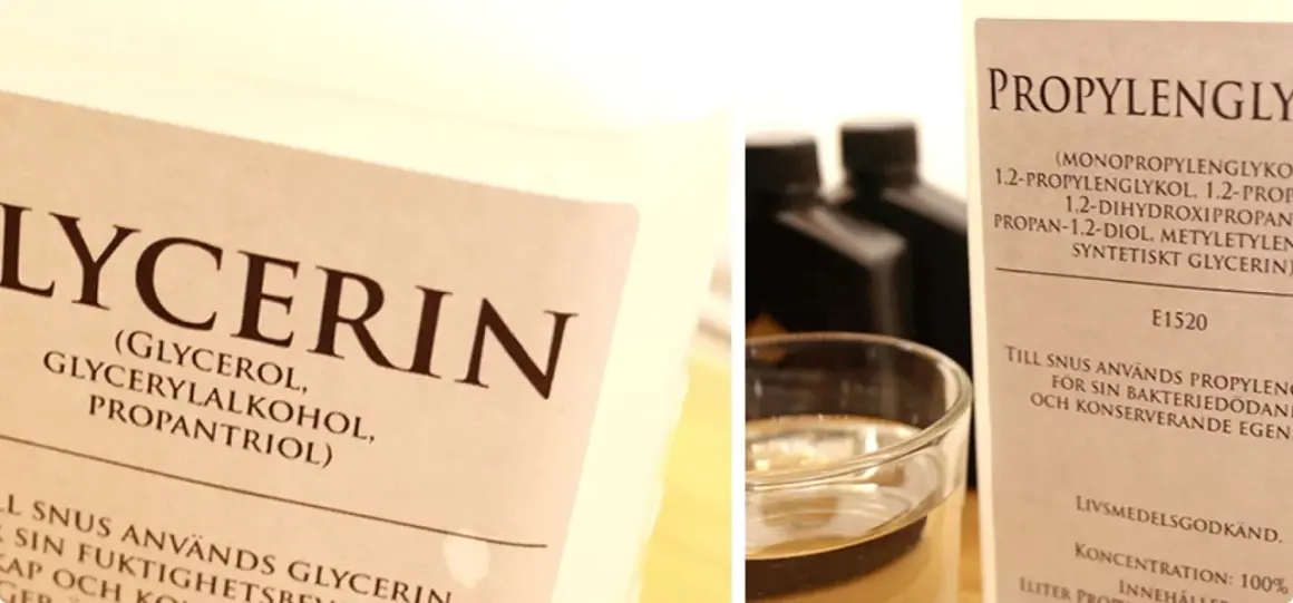 Etiketter visar glycerol och propylenglykol, en ingrediens som används i snus för dess bakteriedödande och konserverande egenskaper.