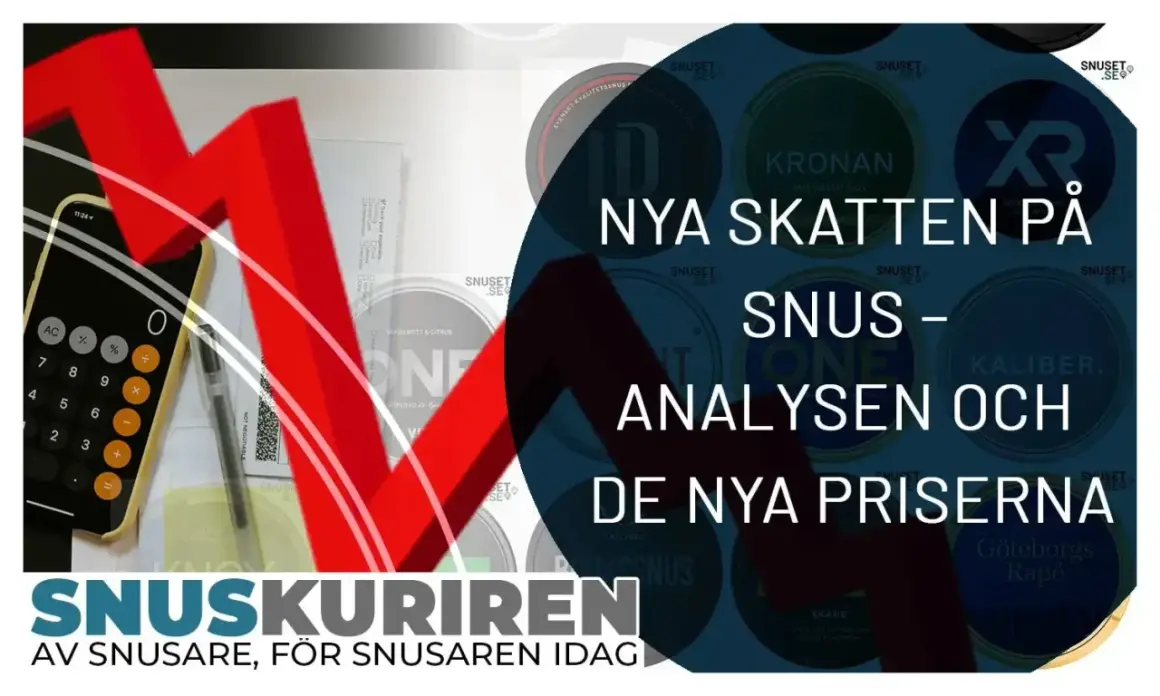 Snus nyheter: Analys av nya skatten och priser på snus. En kalkylator och en röd nedåtgående pil antyder ekonomiska förändringar.