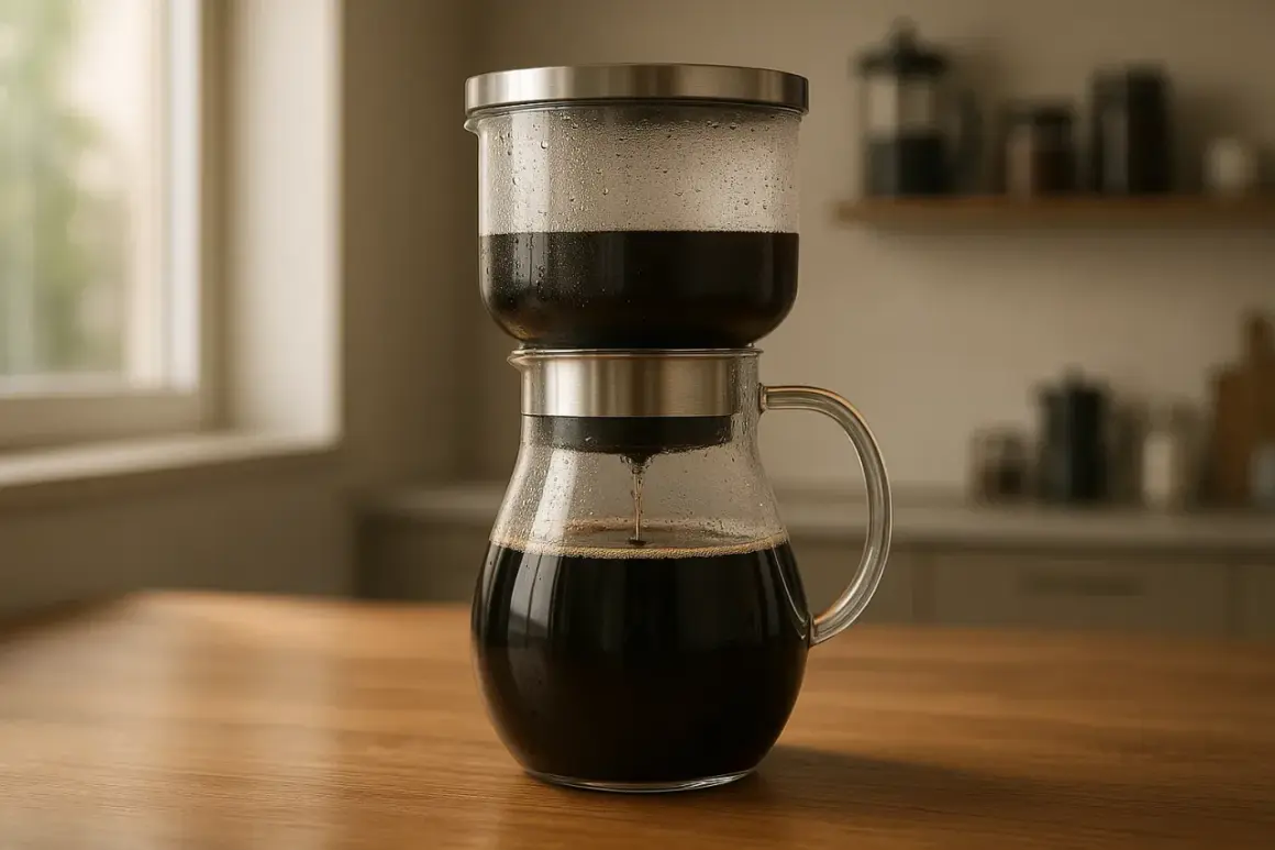 En elegant glaskaraff med en överdel där kaffe droppar ner. Ett sätt att brygga kaffe utan kaffebryggare.