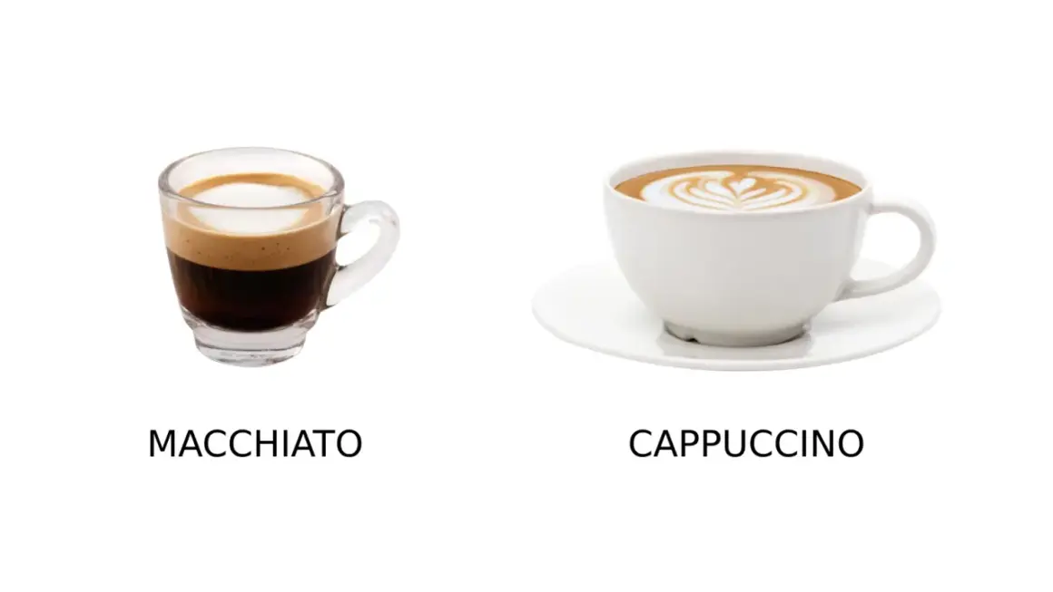 Macchiato i en liten glasbehållare bredvid en cappuccino i en vit kopp.