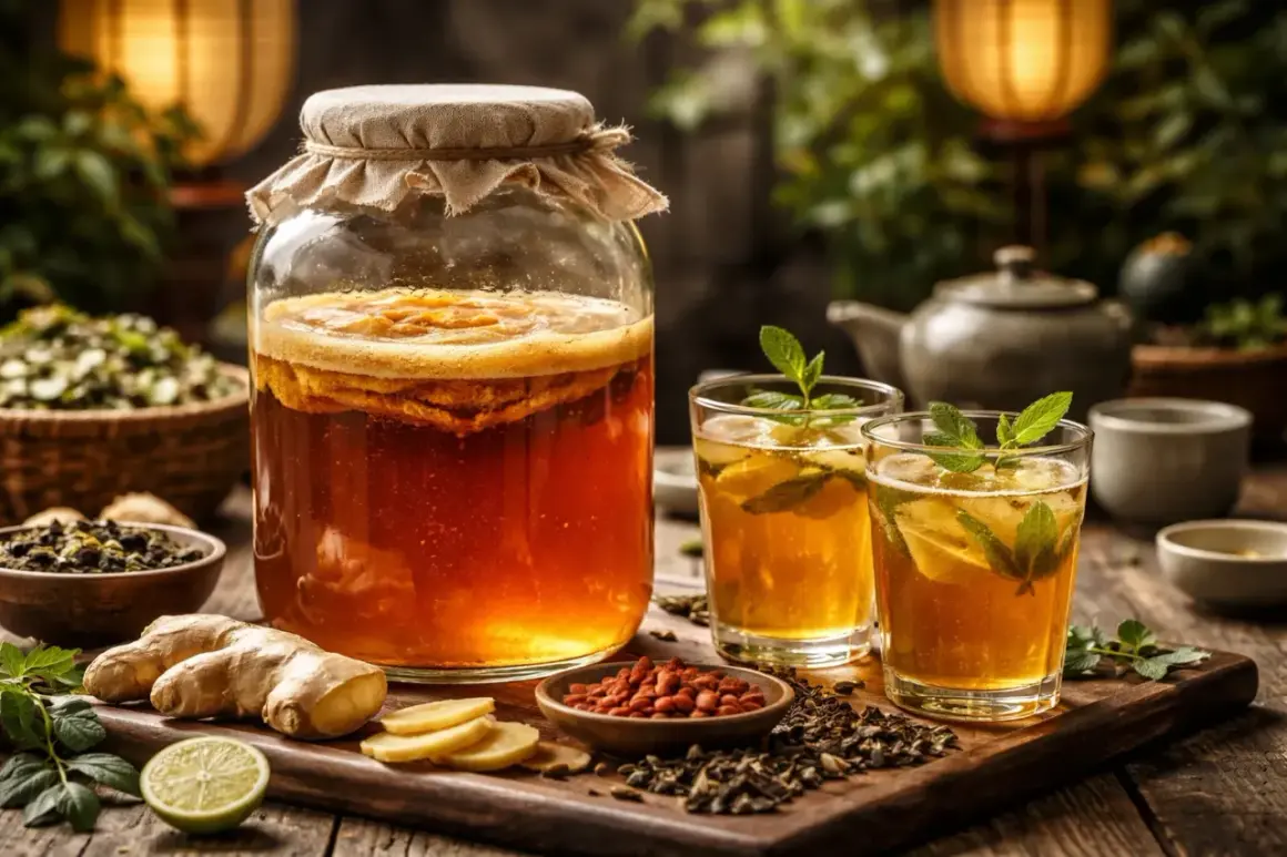 Stor burk med kombucha, två glas med dryck, ingefära, lime och teblad. Perfekt för ditt kombucha recept.
