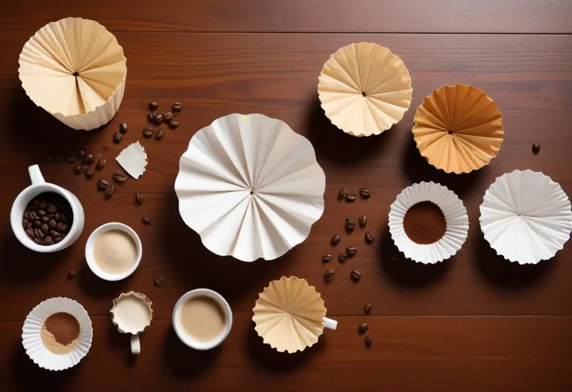 En samling blekta eller oblekta kaffefilter, kaffebönor och kaffepulver på en träyta.