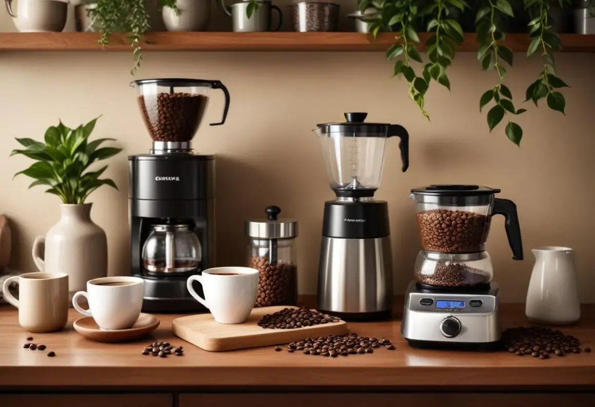 Flera kaffebryggare och bönor på en bänk. En kopp kaffe väntar, redo att avnjutas. Perfekt för att frysa kaffe och spara till senare.