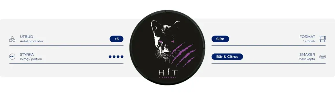Detaljer om olika snus: HIT Blackberry, 15 mg/portion, slim format, bär & citrus smak.