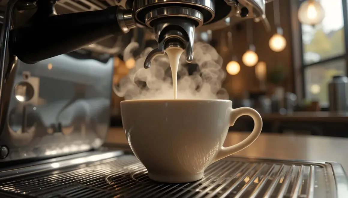 En ångande kopp kaffe fylls från en espressomaskin. Tänk på hur mycket koffein per dag som är lagom för dig.