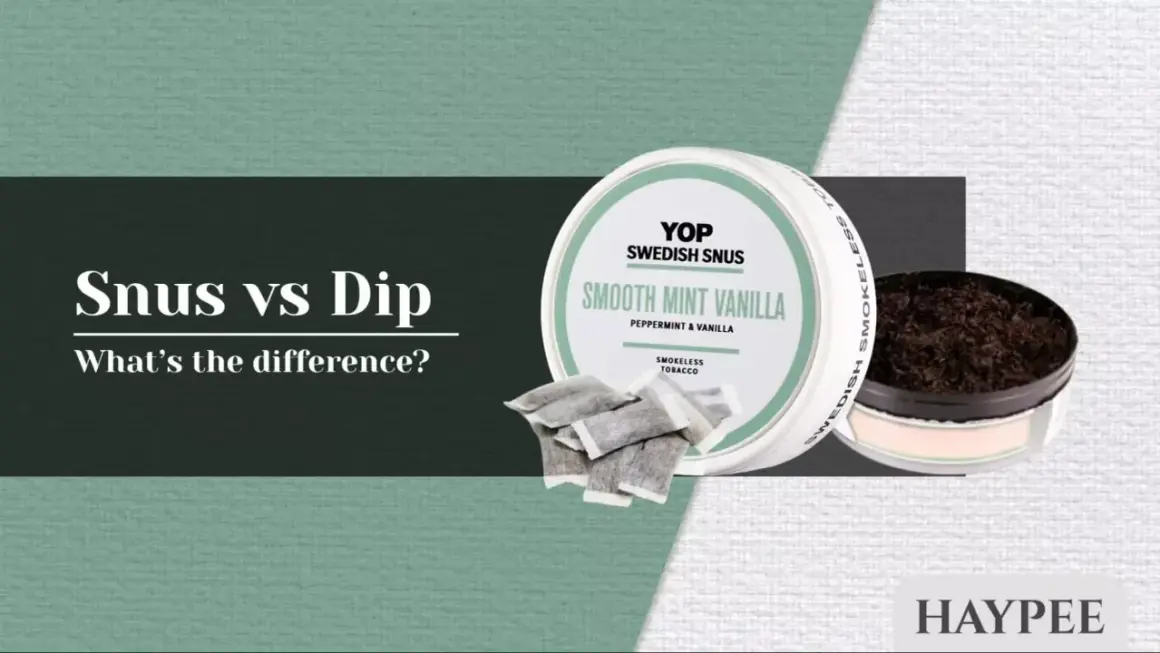 En dosa YOP Swedish Snus, "Smooth Mint Vanilla", med påsar och en öppen dosa med lössnus. Jämförelse mellan snus och dip.