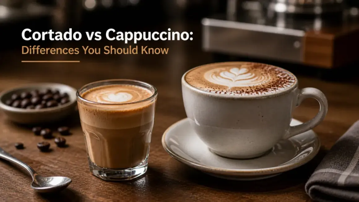 Två kaffedrycker, en cortado i ett glas och en cappuccino i en mugg, med texten "Cortado vs Cappuccino".
