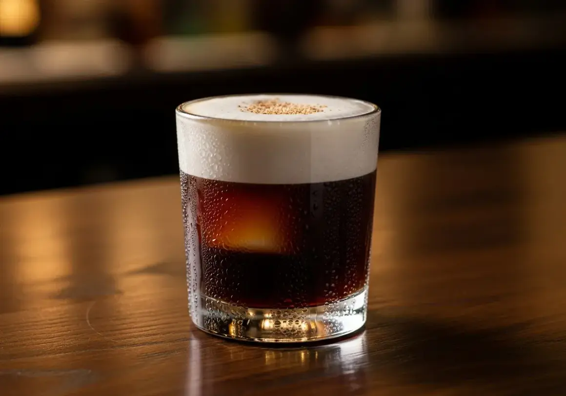 En kyld drink med kaffe och whiskey, toppad med skum och lite strössel. Perfekt för en stunds avkoppling.