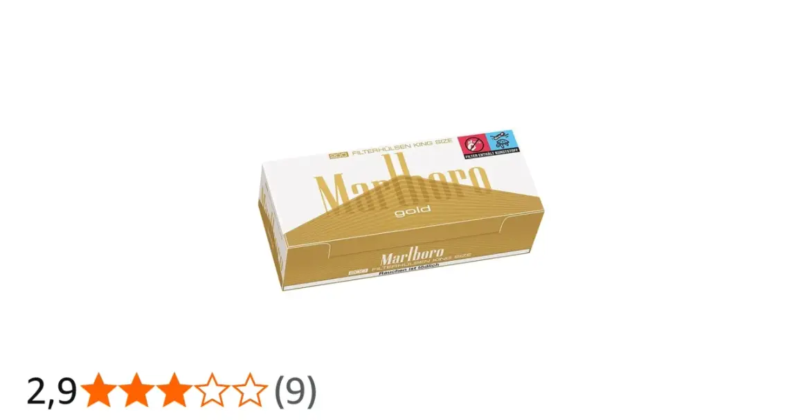 Marlboro Gold filterhylsor, 200 st King Size. Informationen om Marlboro Gold nikotinhalt kan finnas på förpackningen.