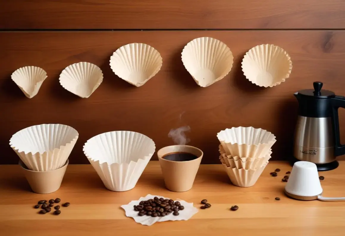 En rad olika kaffefilter i olika storlekar, redo för ett kaffefilter test. En kopp ångande kaffe och bönor fullbordar scenen.