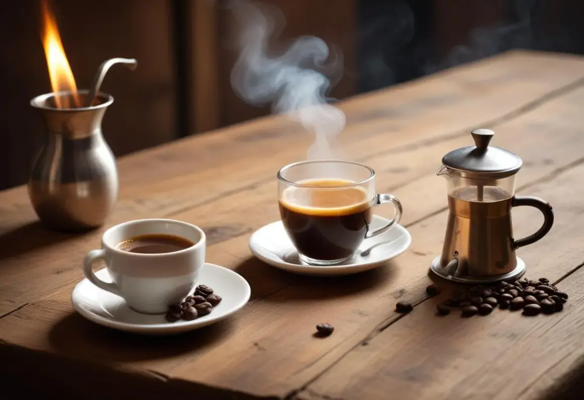 Två koppar ångande kaffe och en liten presskanna på ett träbord. En flamma lyser i en metallbehållare. En perfekt kaffe cocktail för en mysig stund.