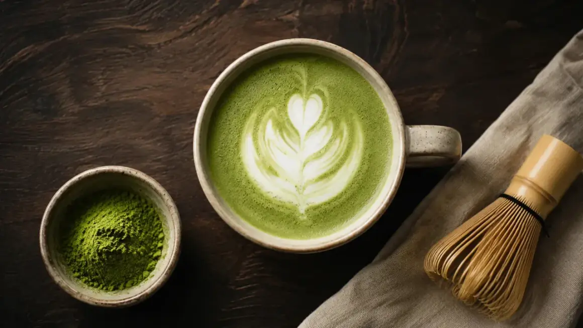 En kopp vackert dekorerad matcha latte med ett hjärtmönster, bredvid en skål med matchapulver och en bambuvisp.