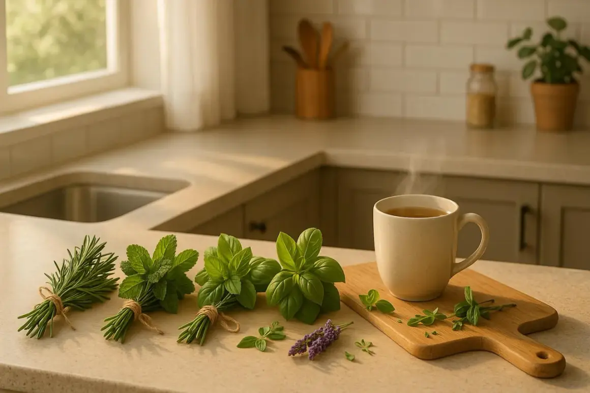 En kopp ångande örtte, en härlig alternativ till kaffe, med färska örter som rosmarin, mynta och basilika på köksbänken.