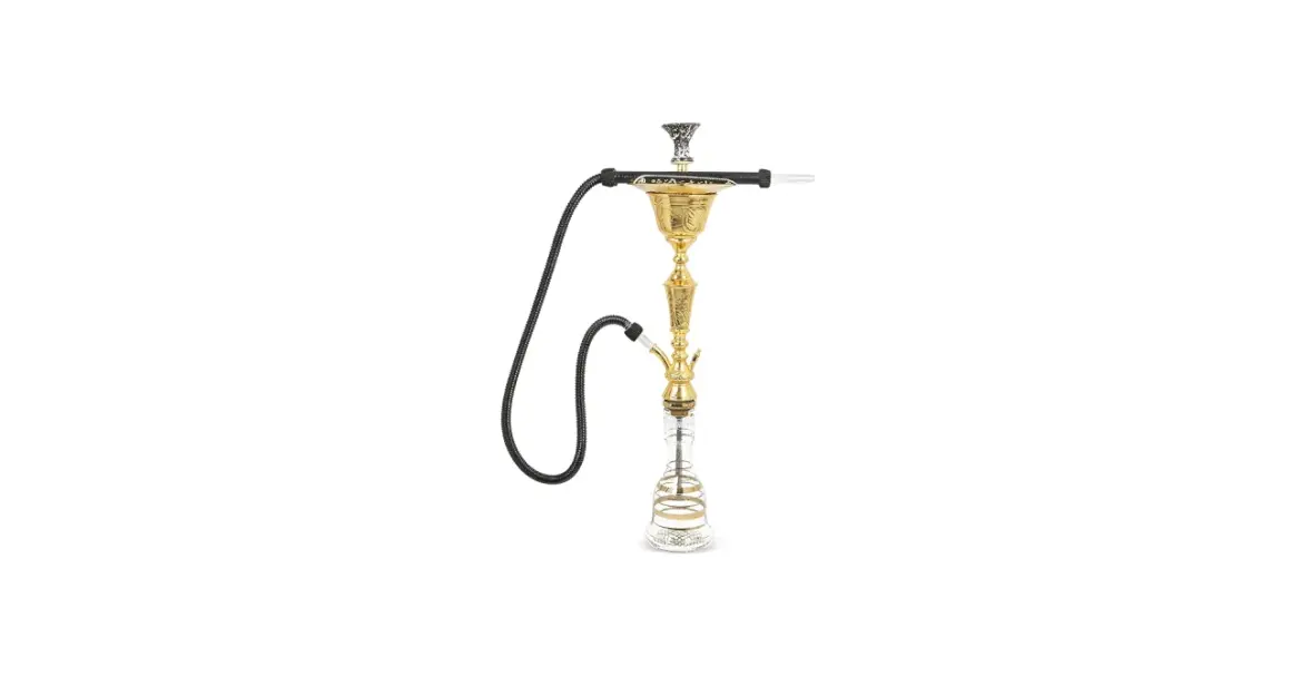 En vacker vattenpipa av märket Khalil Mamoon, med gyllene detaljer och en klar glasbehållare.