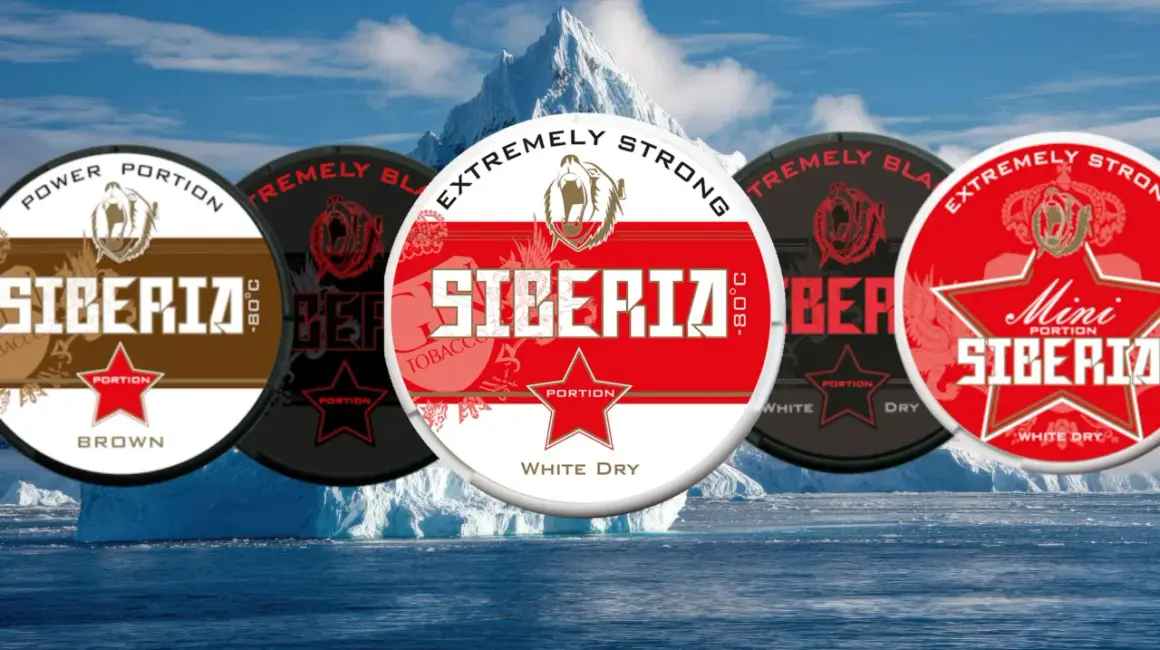 Siberia snus, med sina extremt starka varianter, kan vara farligt. Bilden visar flera dosor med isberg i bakgrunden.