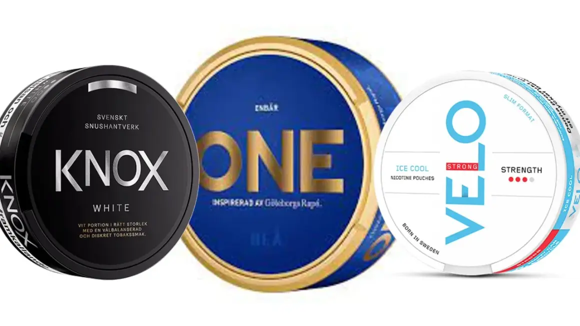 Three snus cans: Knox White, One, and Velo Ice Cool Strong.