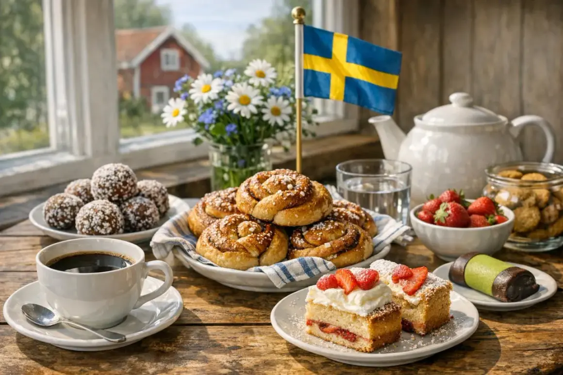 En svensk fika med kanelbullar, jordgubbstårta, chokladbollar och kaffe. En perfekt dag för max kaffe och godsaker.