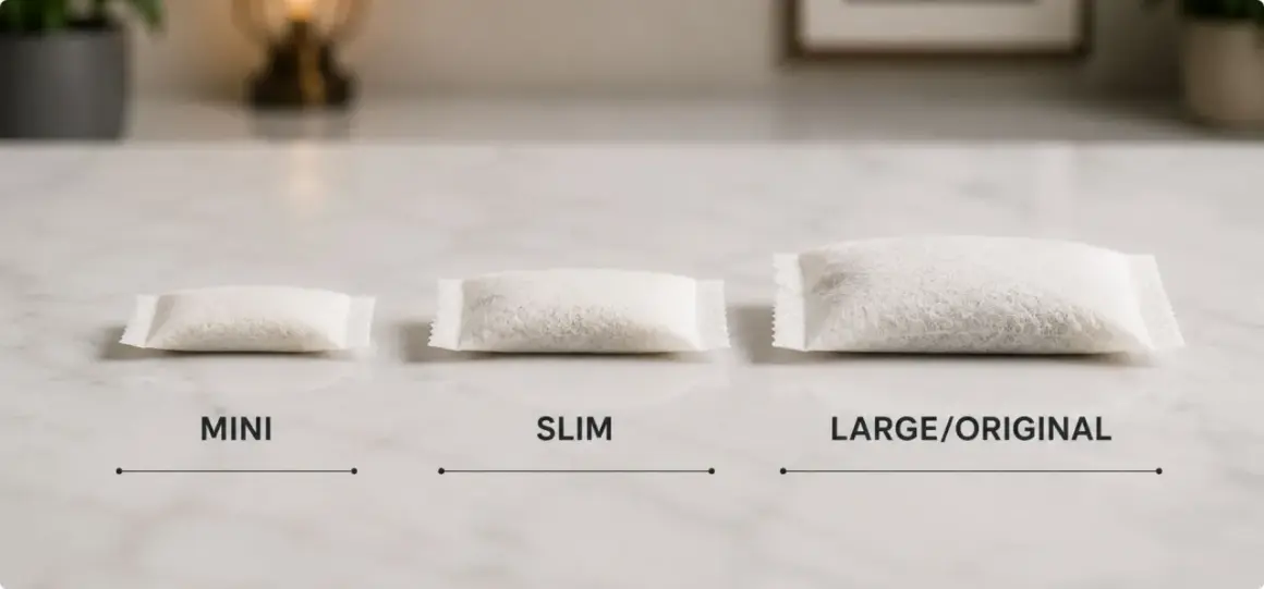 Tre snusportioner i olika storlekar: MINI, SLIM och LARGE/ORIGINAL. En snusdosa vikt kan variera beroende på storlek.