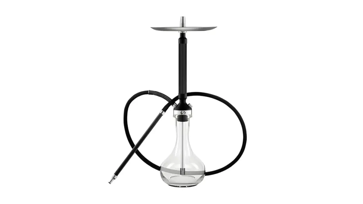 Modern vattenpipa med transparent glasbehållare och svart stam. Kolla vattenpipa pris för detta snygga exemplar.