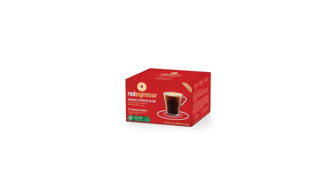 Röda förpackningen med Redespresso Rooibos Espresso Blend. Detta rooibos te är koffeinfritt och passar för Keurig-bryggare.