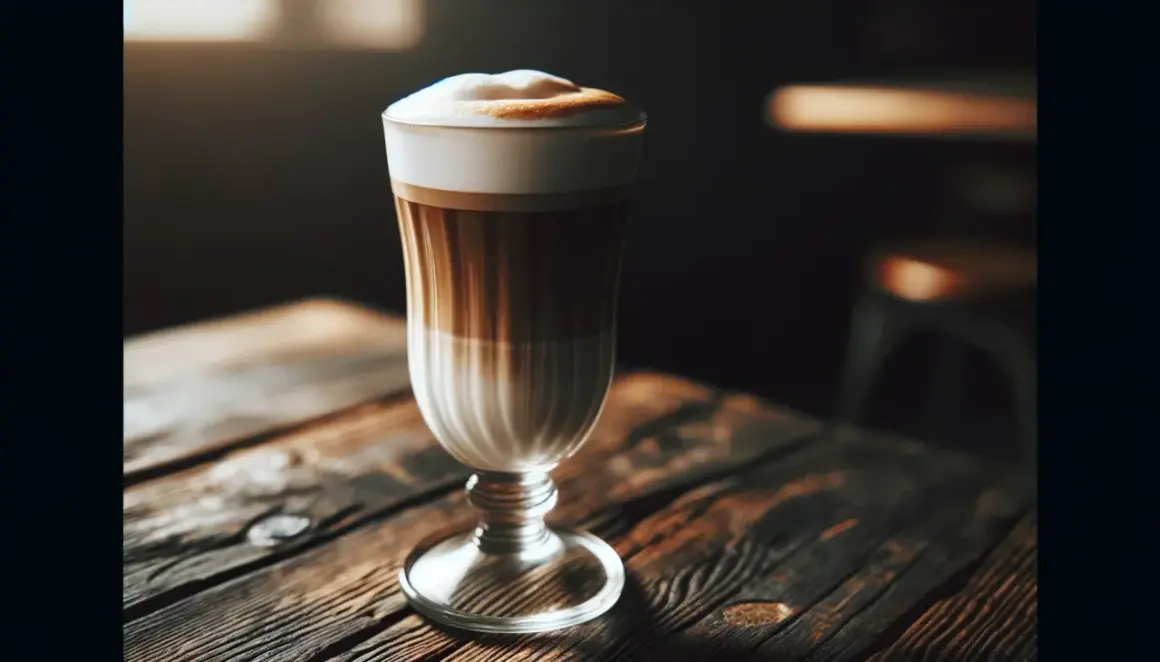 En vacker wiener melange kaffe med lager av mjölk och espresso, toppad med krämigt skum, står på ett rustikt träbord.