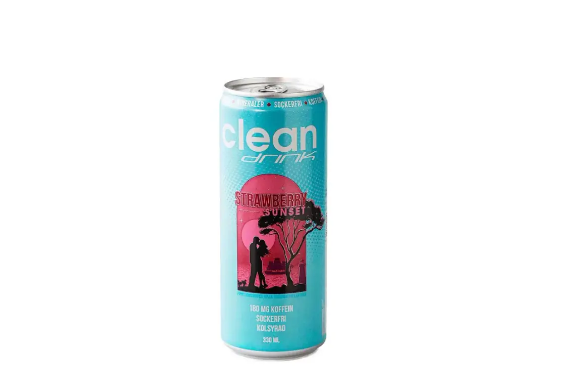 Clean Drink Strawberry Sunset, 180 mg koffein per 100 ml. Sockerfri och kolsyrad dryck.