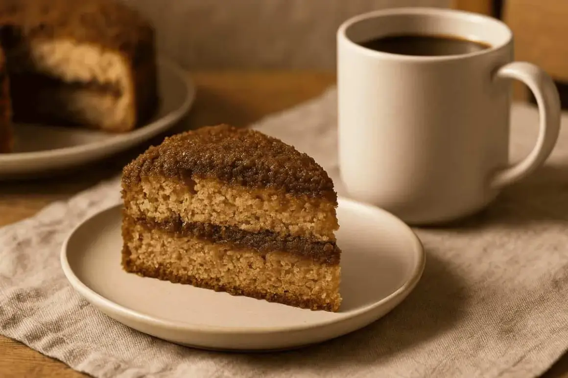 En saftig kaffekaka med kanelfyllning, perfekt för Fredriks fika. En kopp kaffe står bredvid.