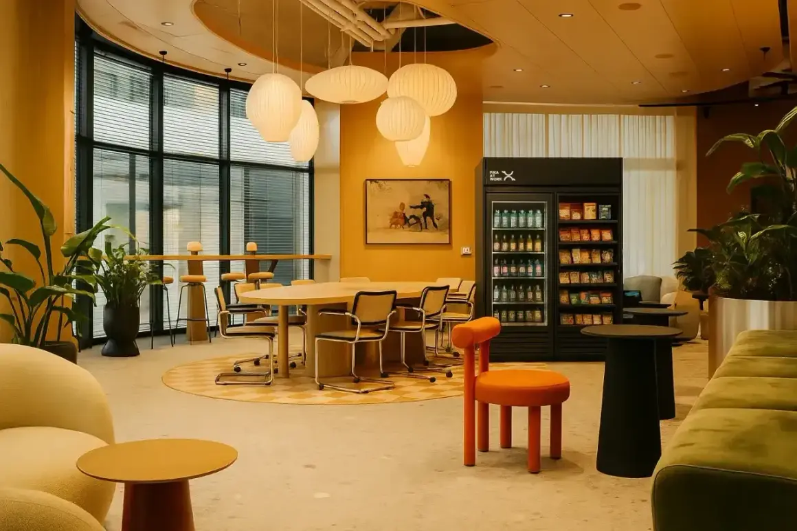 En modern arbetsplats med bekväma sittplatser, ett stort bord och en kyl med snacks, perfekt för en fika på jobbet.