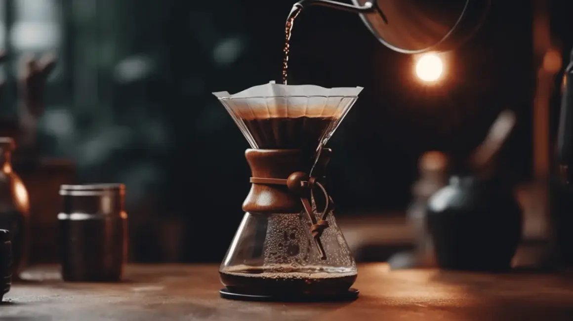 Vatten hälls över kaffepulver i en Chemex. En vacker pour over-process som skapar en rik och aromatisk kopp kaffe.